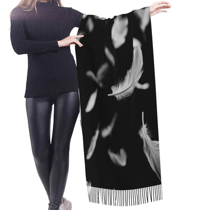 Falling Feather Print Faux Cashmere Scarf – Black & White Artistic Long Wrap with Tassels (77" x 27")