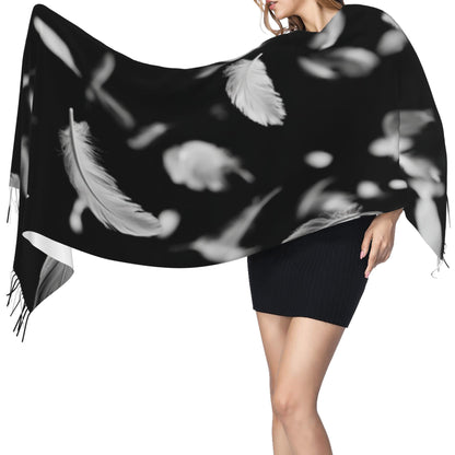 Falling Feather Print Faux Cashmere Scarf – Black & White Artistic Long Wrap with Tassels (77" x 27")