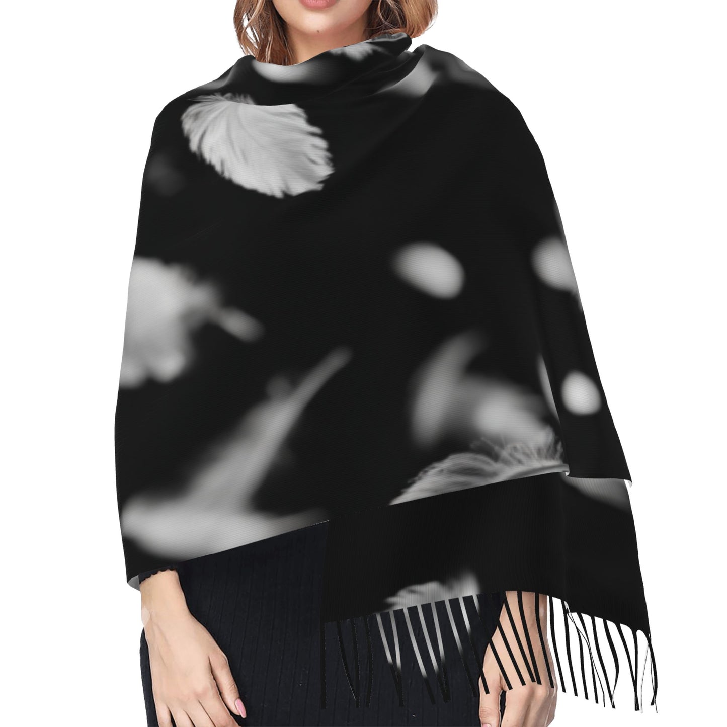 Falling Feather Print Faux Cashmere Scarf – Black & White Artistic Long Wrap with Tassels (77" x 27")