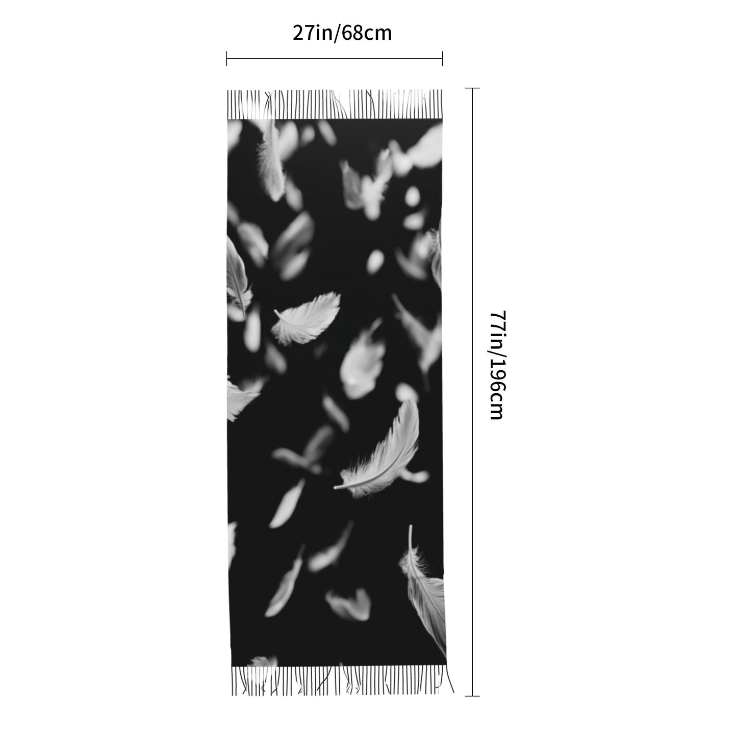 Falling Feather Print Faux Cashmere Scarf – Black & White Artistic Long Wrap with Tassels (77" x 27")