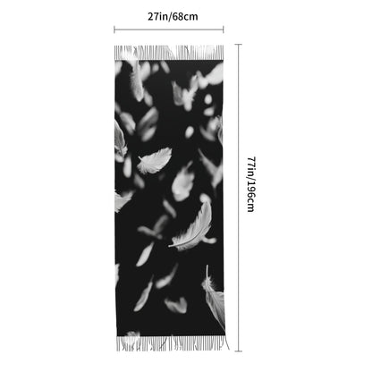 Falling Feather Print Faux Cashmere Scarf – Black & White Artistic Long Wrap with Tassels (77" x 27")