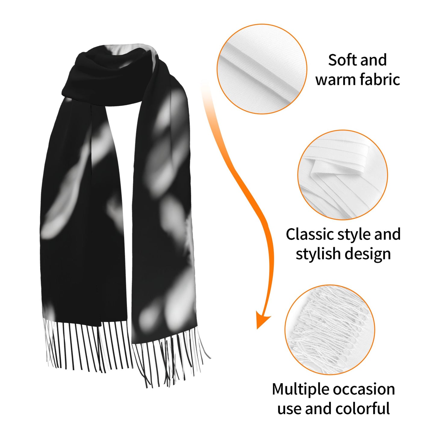 Falling Feather Print Faux Cashmere Scarf – Black & White Artistic Long Wrap with Tassels (77" x 27")