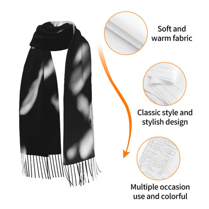 Falling Feather Print Faux Cashmere Scarf – Black & White Artistic Long Wrap with Tassels (77" x 27")