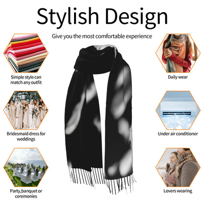 Falling Feather Print Faux Cashmere Scarf – Black & White Artistic Long Wrap with Tassels (77" x 27")
