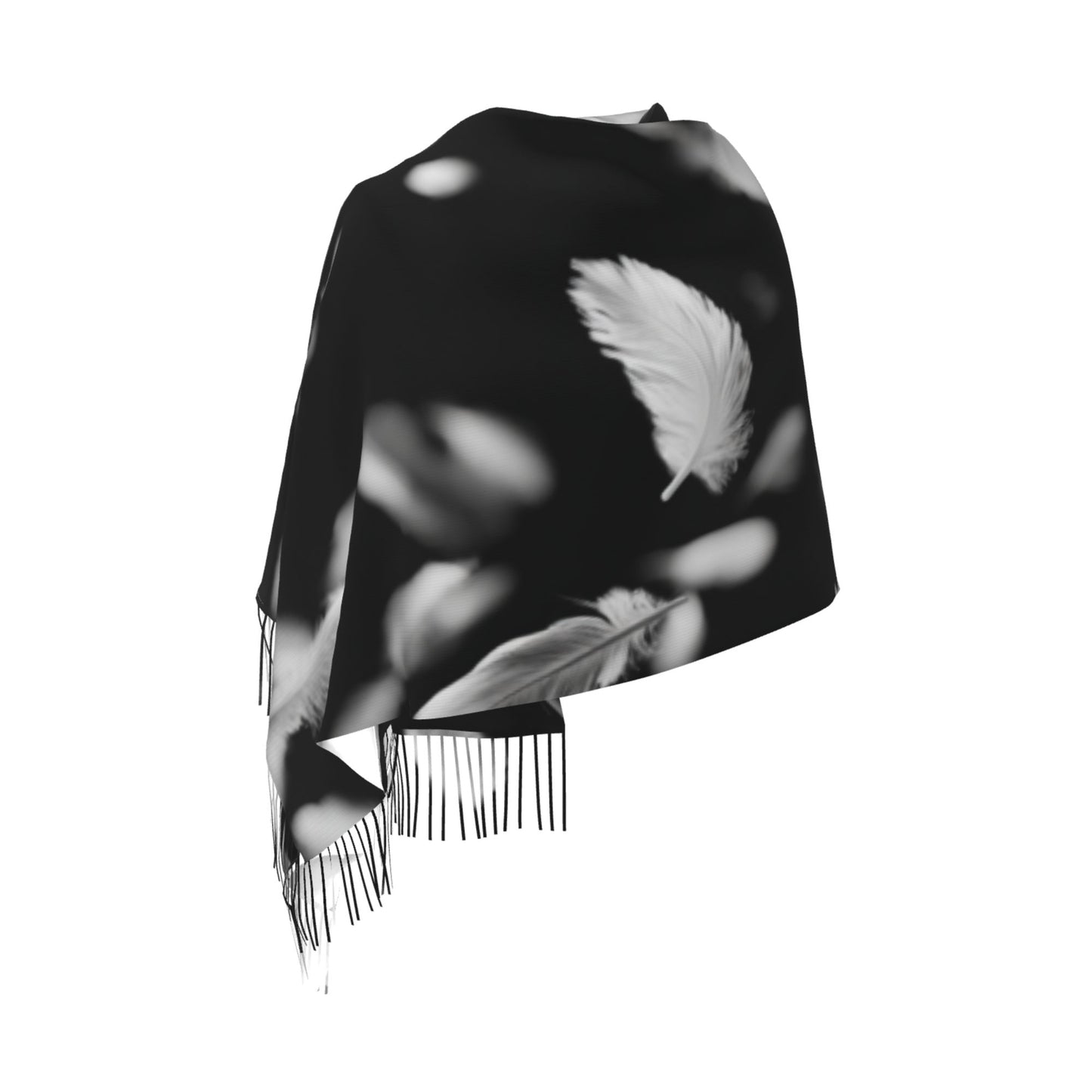 Falling Feather Print Faux Cashmere Scarf – Black & White Artistic Long Wrap with Tassels (77" x 27")