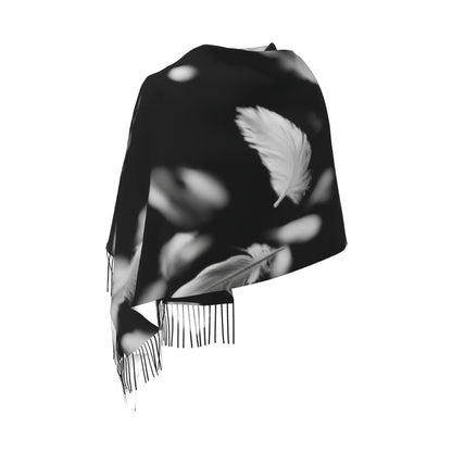 Falling Feather Print Faux Cashmere Scarf – Black & White Artistic Long Wrap with Tassels (77" x 27")