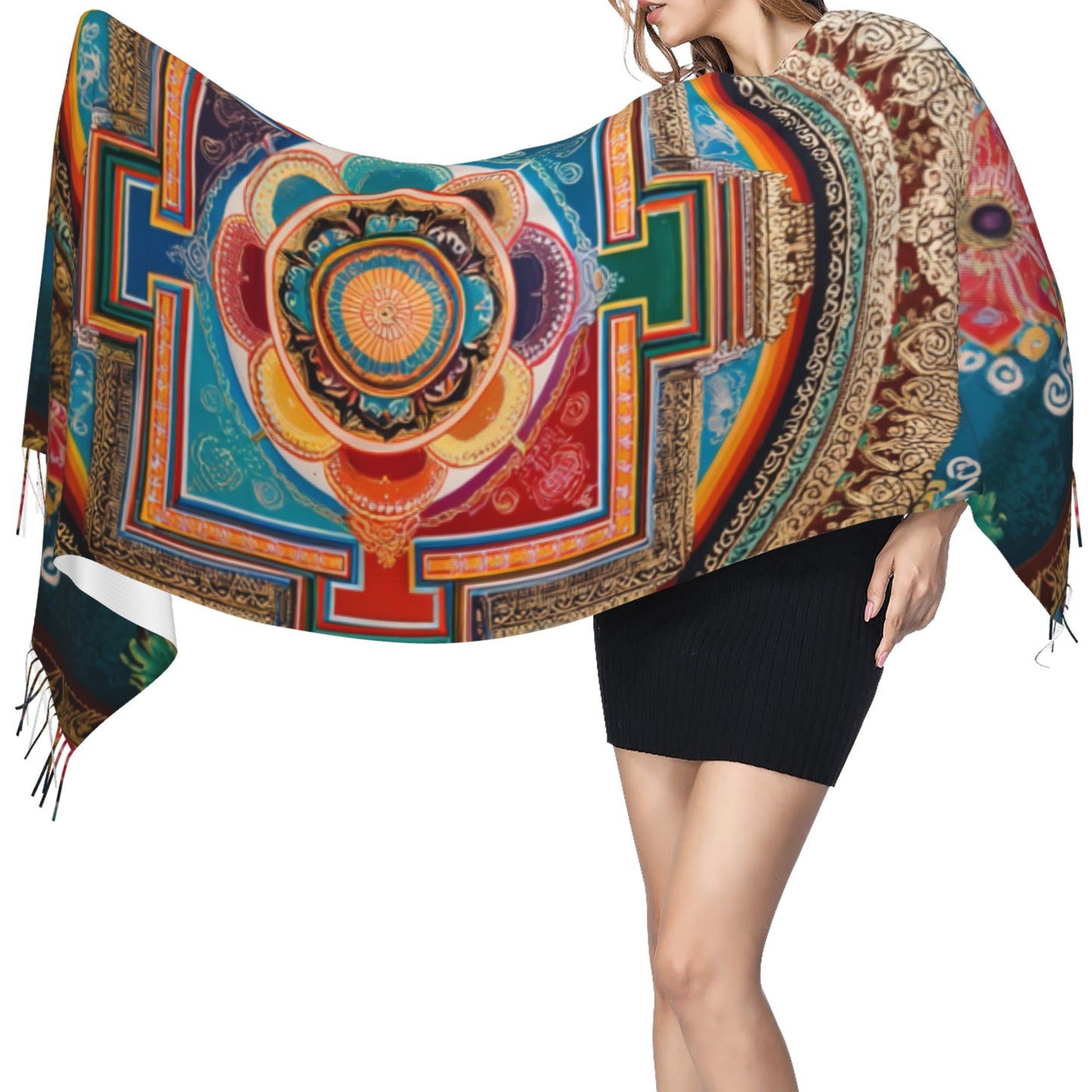 Mandala Pattern Faux Cashmere Tassel Scarf – Colorful Boho Spiritual Long Wrap (77" x 27")