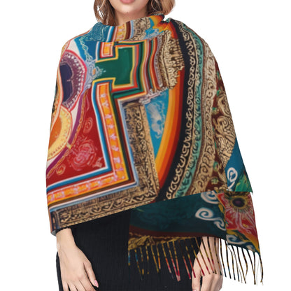 Mandala Pattern Faux Cashmere Tassel Scarf – Colorful Boho Spiritual Long Wrap (77" x 27")
