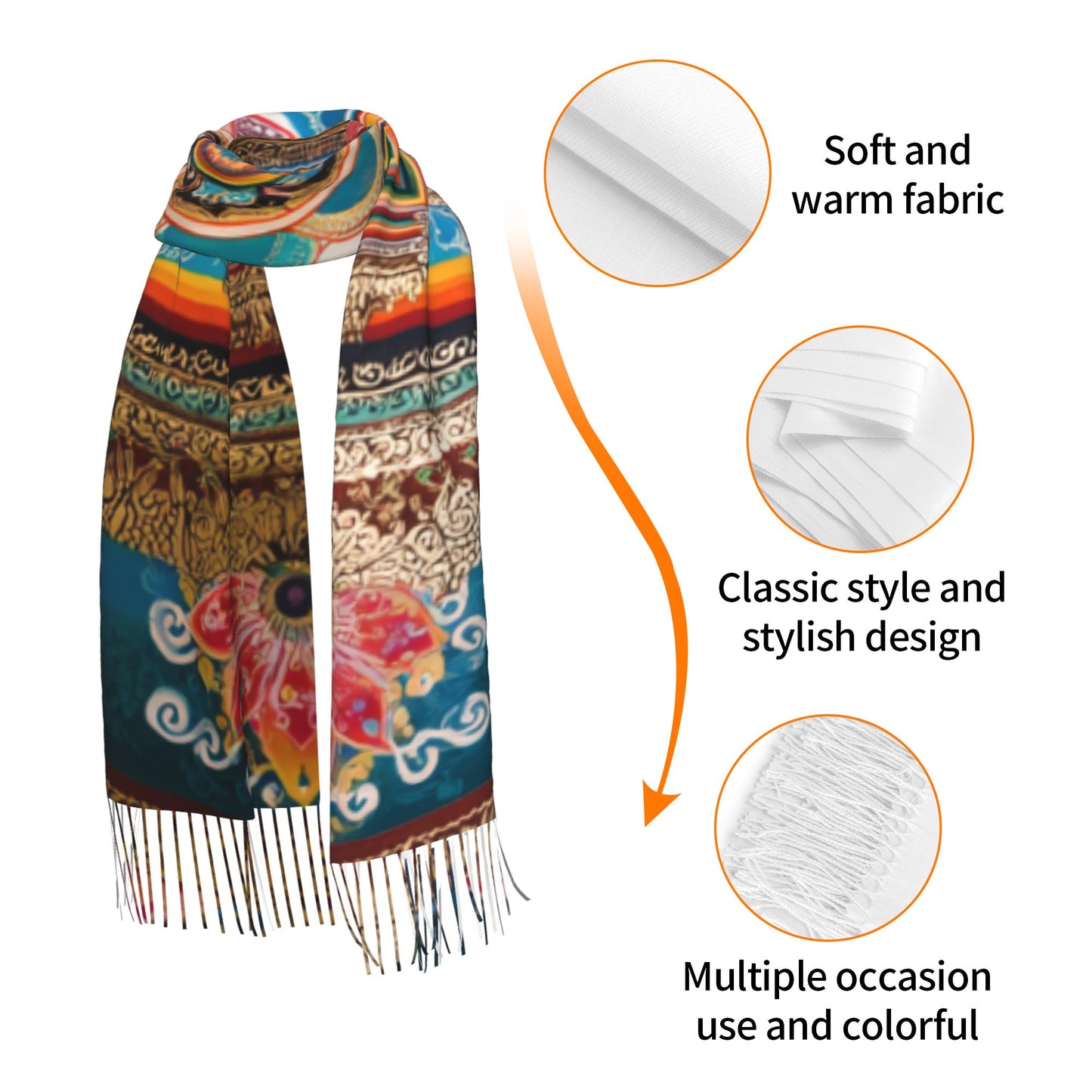 Mandala Pattern Faux Cashmere Tassel Scarf – Colorful Boho Spiritual Long Wrap (77" x 27")