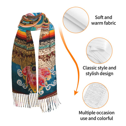 Mandala Pattern Faux Cashmere Tassel Scarf – Colorful Boho Spiritual Long Wrap (77" x 27")