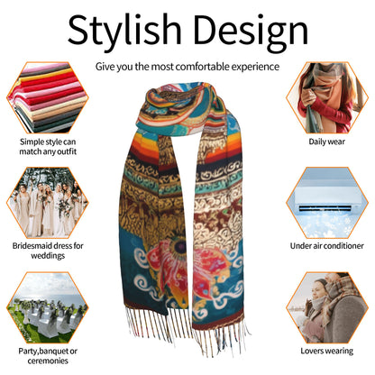Mandala Pattern Faux Cashmere Tassel Scarf – Colorful Boho Spiritual Long Wrap (77" x 27")