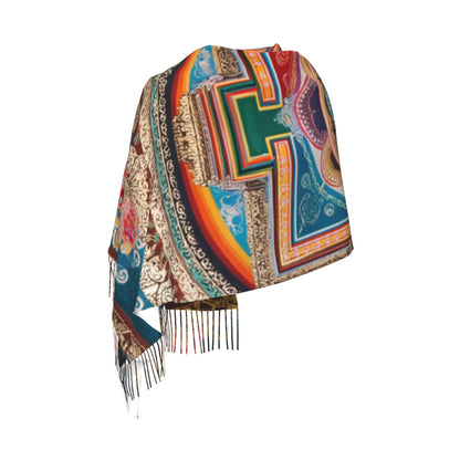 Mandala Pattern Faux Cashmere Tassel Scarf – Colorful Boho Spiritual Long Wrap (77" x 27")