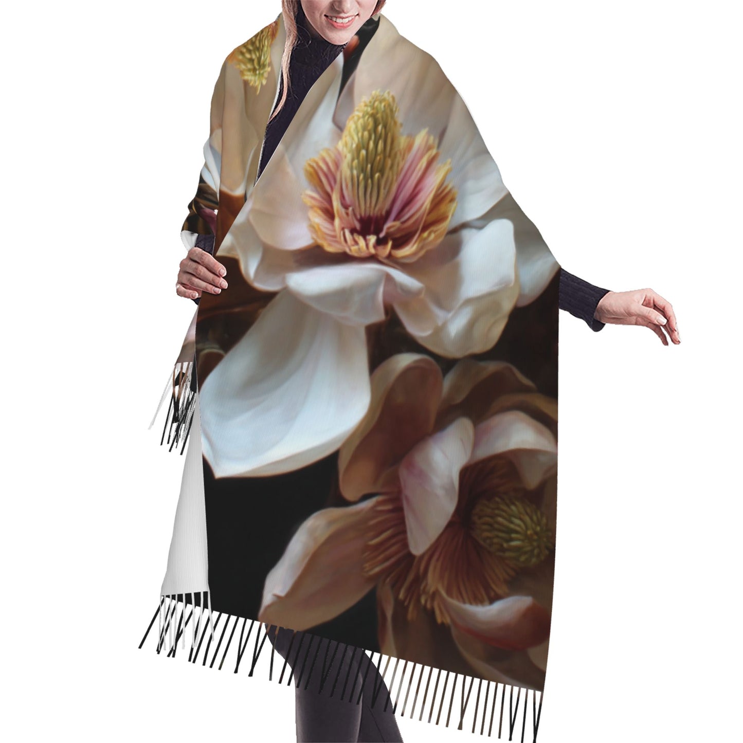 Magnolia Floral Faux Cashmere Tassel Scarf – Vintage Oil Painting Style Long Wrap (77" x 27")