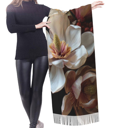 Magnolia Floral Faux Cashmere Tassel Scarf – Vintage Oil Painting Style Long Wrap (77" x 27")