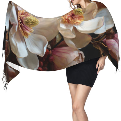 Magnolia Floral Faux Cashmere Tassel Scarf – Vintage Oil Painting Style Long Wrap (77" x 27")
