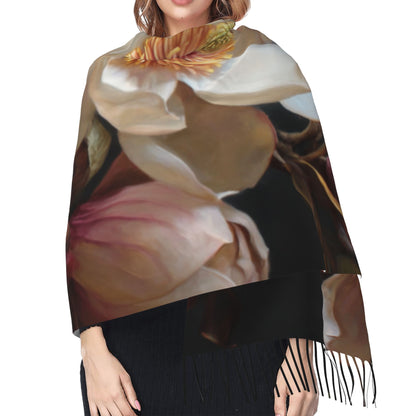 Magnolia Floral Faux Cashmere Tassel Scarf – Vintage Oil Painting Style Long Wrap (77" x 27")