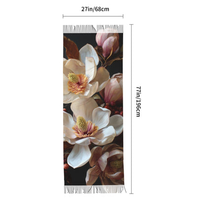 Magnolia Floral Faux Cashmere Tassel Scarf – Vintage Oil Painting Style Long Wrap (77" x 27")