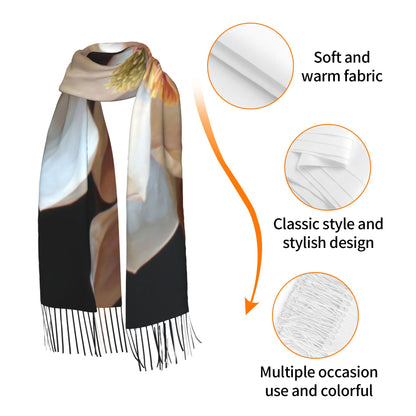 Magnolia Floral Faux Cashmere Tassel Scarf – Vintage Oil Painting Style Long Wrap (77" x 27")