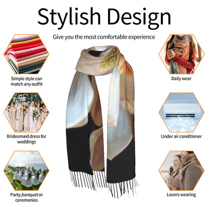 Magnolia Floral Faux Cashmere Tassel Scarf – Vintage Oil Painting Style Long Wrap (77" x 27")