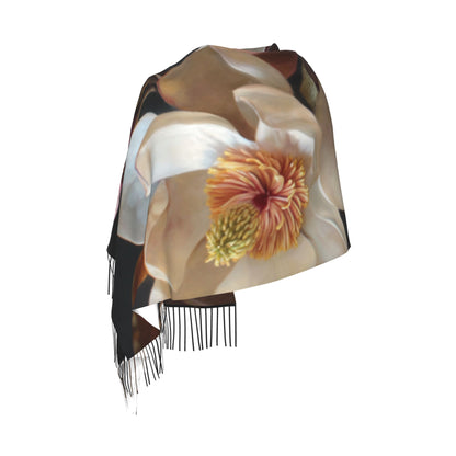 Magnolia Floral Faux Cashmere Tassel Scarf – Vintage Oil Painting Style Long Wrap (77" x 27")