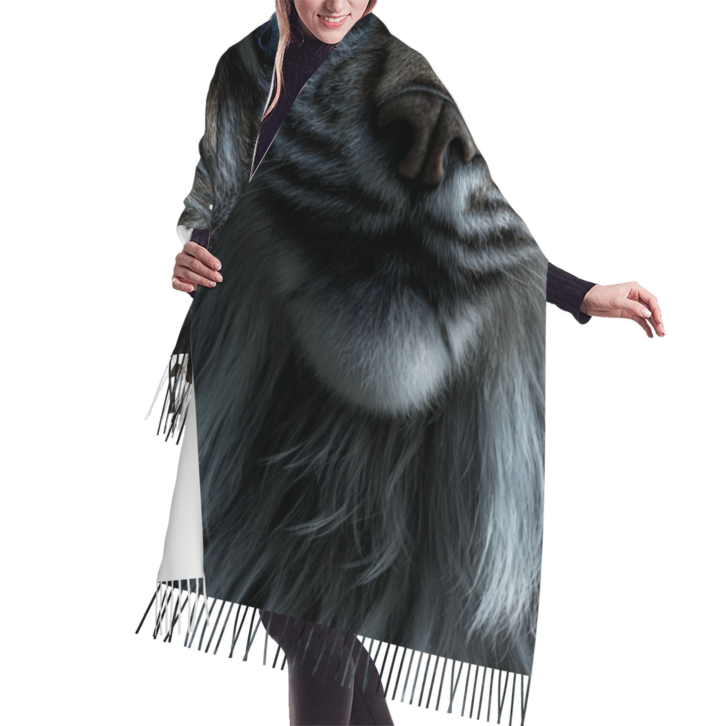 Blue-Eyed Lynx Faux Cashmere Scarf – Wild Animal Portrait Long Tassel Wrap (77" x 27")