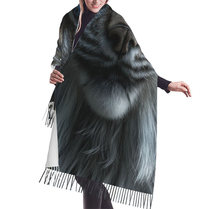 Blue-Eyed Lynx Faux Cashmere Scarf – Wild Animal Portrait Long Tassel Wrap (77" x 27")