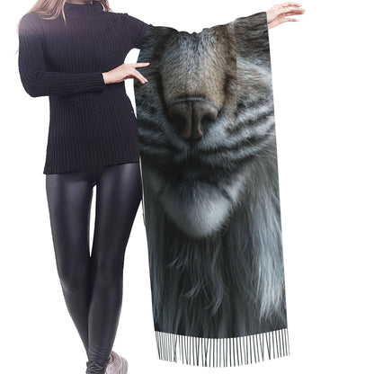 Blue-Eyed Lynx Faux Cashmere Scarf – Wild Animal Portrait Long Tassel Wrap (77" x 27")