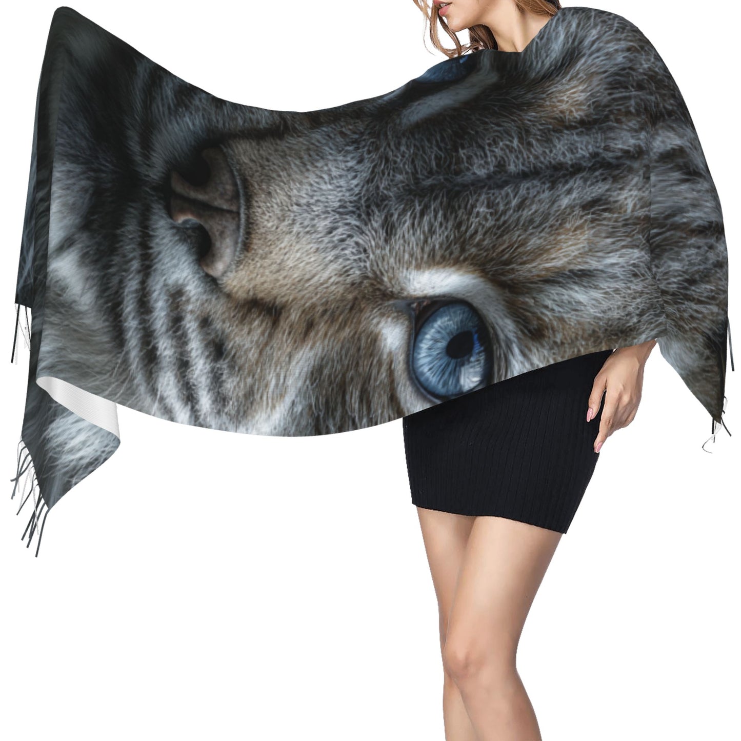 Blue-Eyed Lynx Faux Cashmere Scarf – Wild Animal Portrait Long Tassel Wrap (77" x 27")