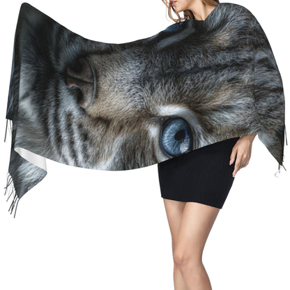 Blue-Eyed Lynx Faux Cashmere Scarf – Wild Animal Portrait Long Tassel Wrap (77" x 27")