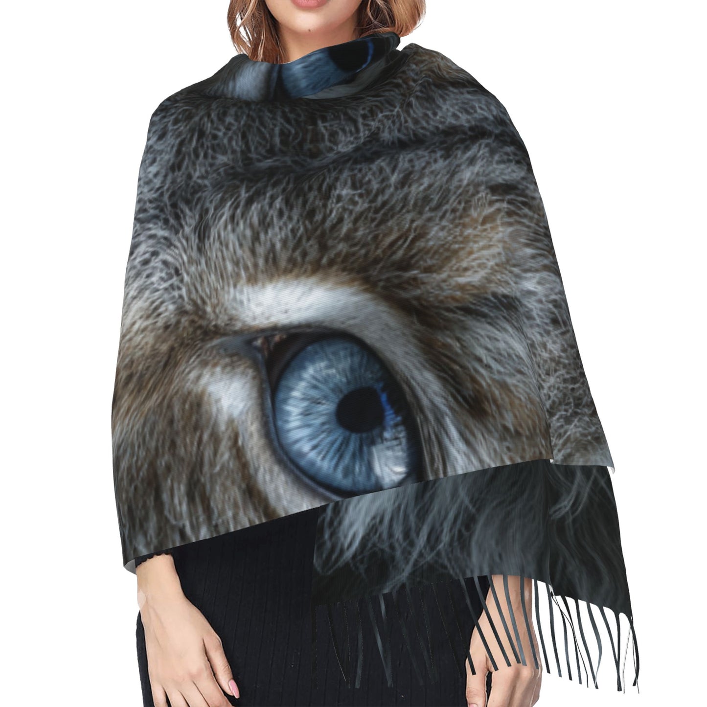 Blue-Eyed Lynx Faux Cashmere Scarf – Wild Animal Portrait Long Tassel Wrap (77" x 27")