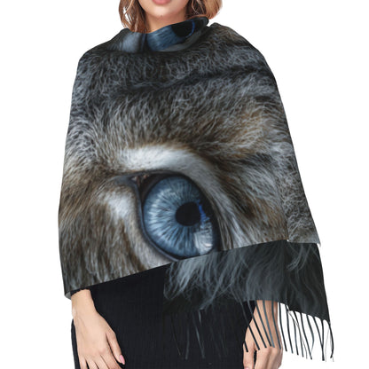 Blue-Eyed Lynx Faux Cashmere Scarf – Wild Animal Portrait Long Tassel Wrap (77" x 27")