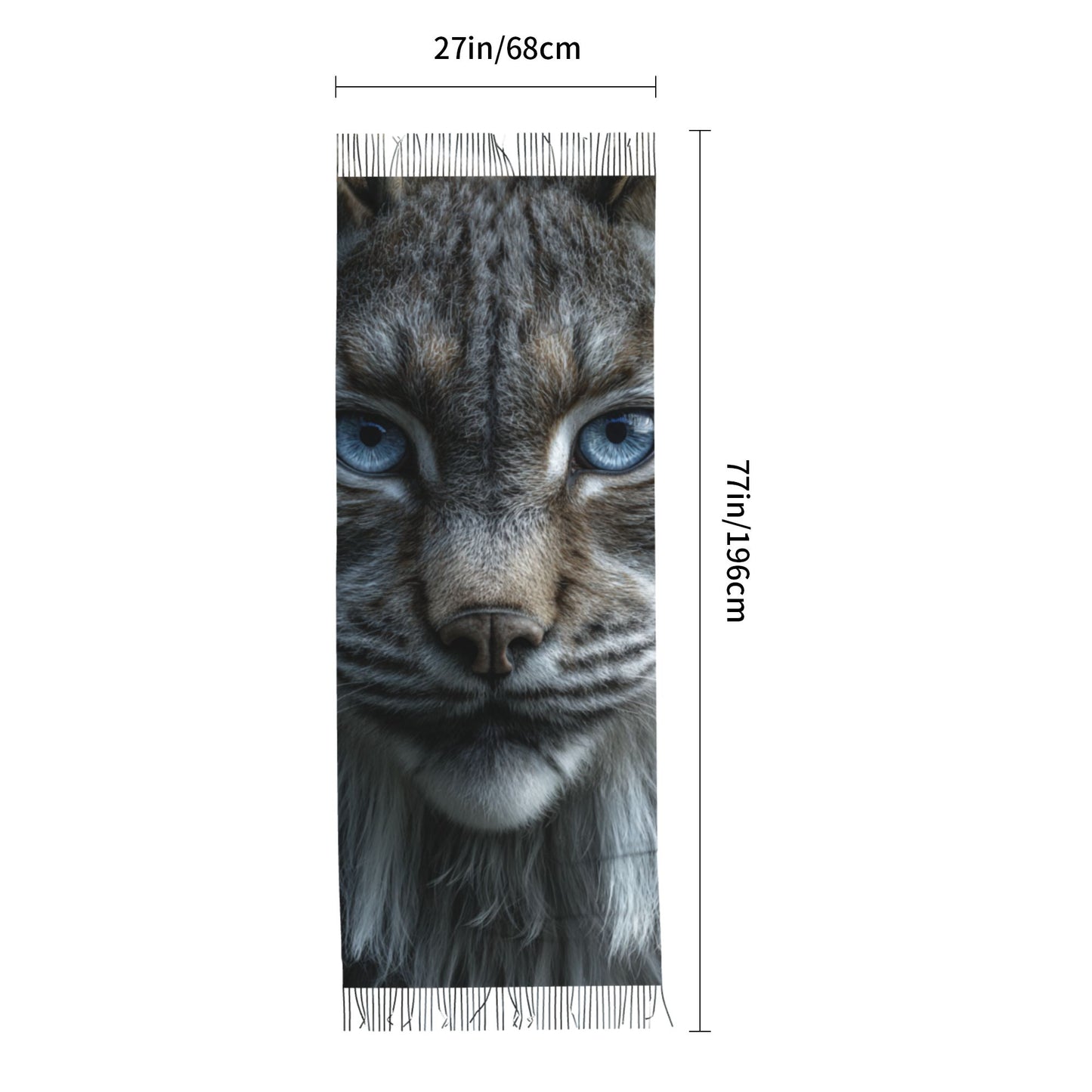 Blue-Eyed Lynx Faux Cashmere Scarf – Wild Animal Portrait Long Tassel Wrap (77" x 27")
