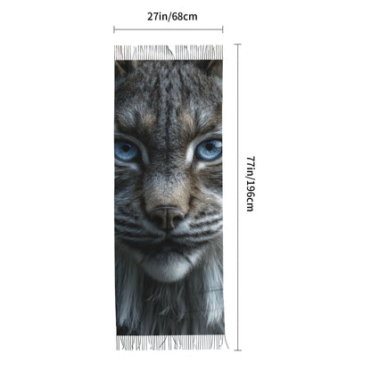 Blue-Eyed Lynx Faux Cashmere Scarf – Wild Animal Portrait Long Tassel Wrap (77" x 27")