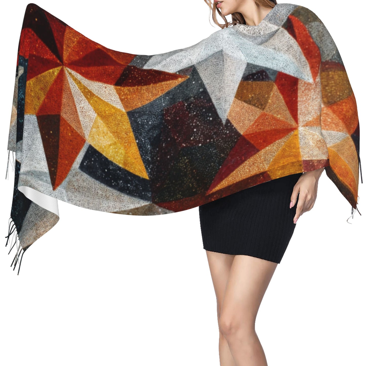 Starlight Geometry Faux Cashmere Tassel Scarf – Color Block Winter Shawl (77" x 27")