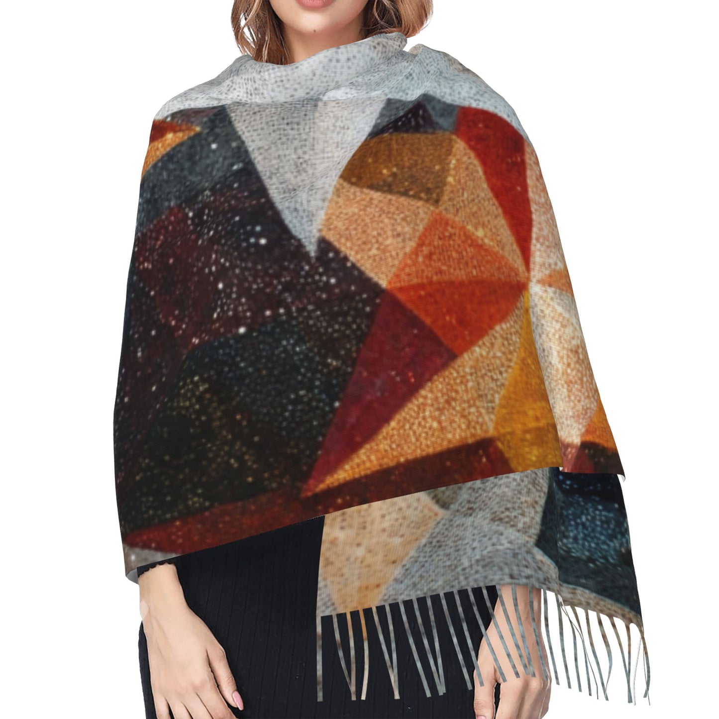 Starlight Geometry Faux Cashmere Tassel Scarf – Color Block Winter Shawl (77" x 27")
