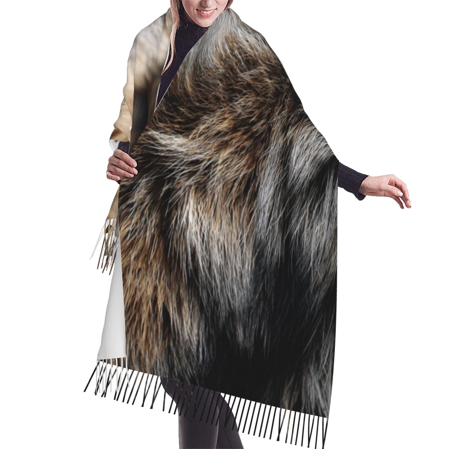 Faux Fur Pattern Faux Cashmere Scarf – Long Vertical Winter Tassel Wrap (77" x 27")