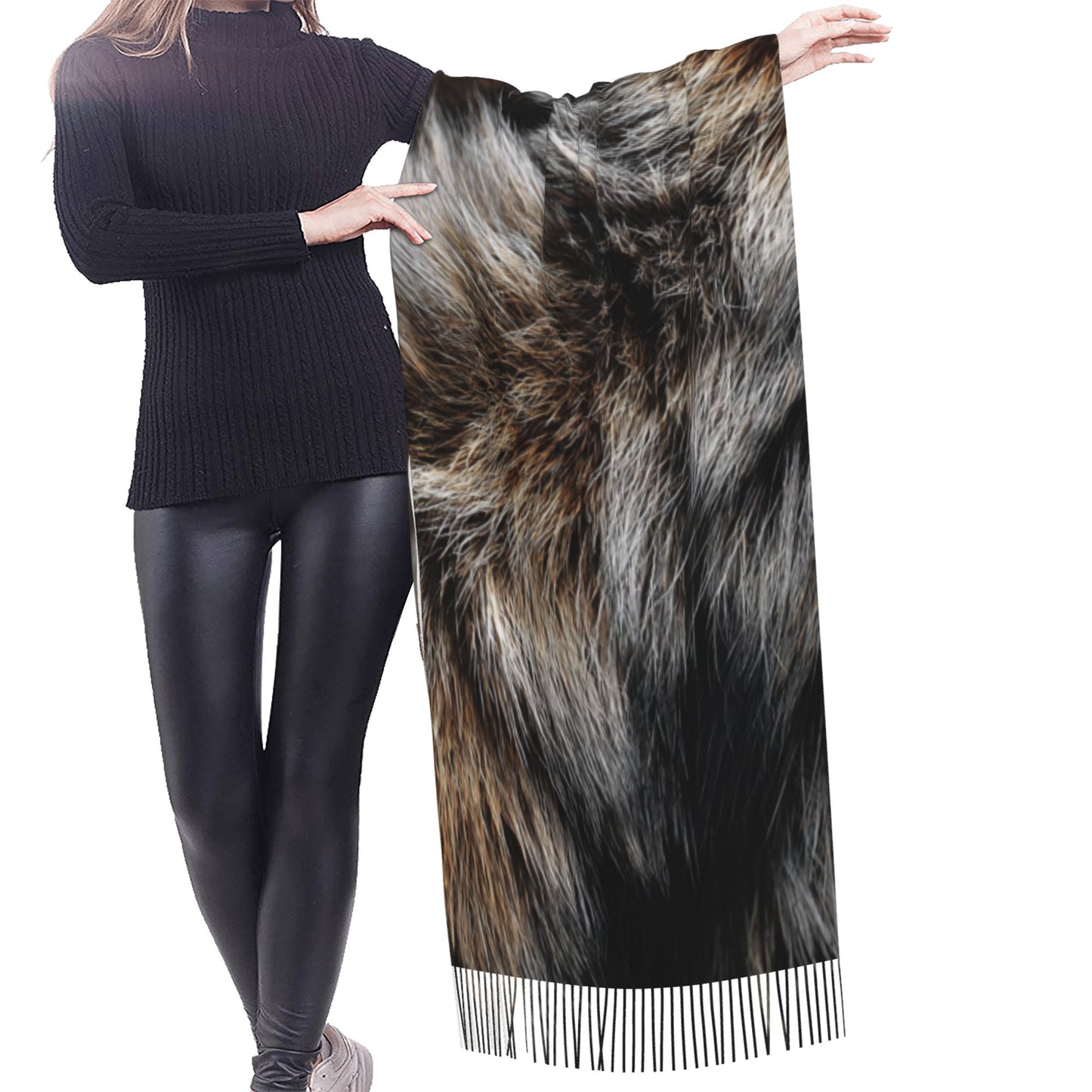 Faux Fur Pattern Faux Cashmere Scarf – Long Vertical Winter Tassel Wrap (77" x 27")