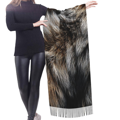 Faux Fur Pattern Faux Cashmere Scarf – Long Vertical Winter Tassel Wrap (77" x 27")