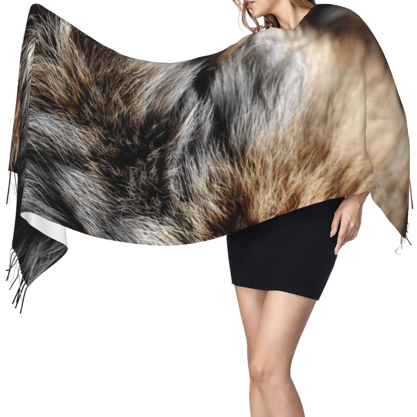 Faux Fur Pattern Faux Cashmere Scarf – Long Vertical Winter Tassel Wrap (77" x 27")