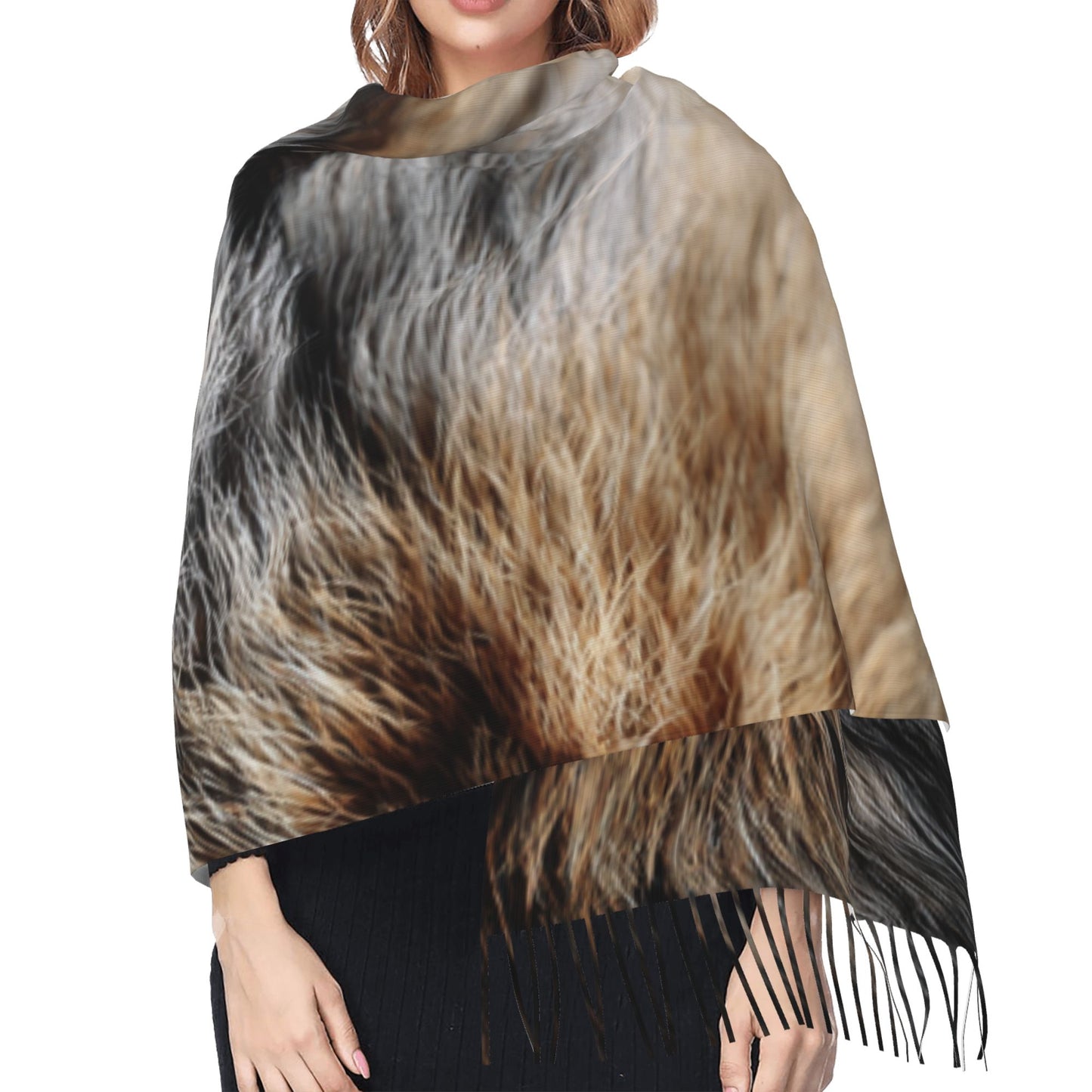 Faux Fur Pattern Faux Cashmere Scarf – Long Vertical Winter Tassel Wrap (77" x 27")