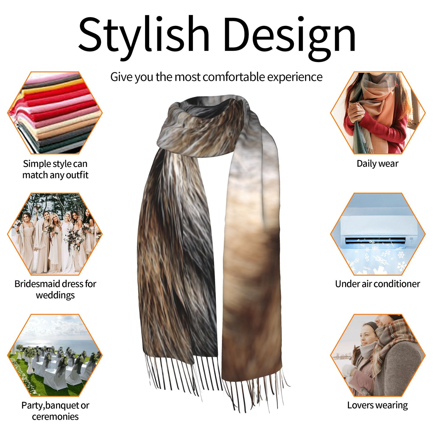 Faux Fur Pattern Faux Cashmere Scarf – Long Vertical Winter Tassel Wrap (77" x 27")